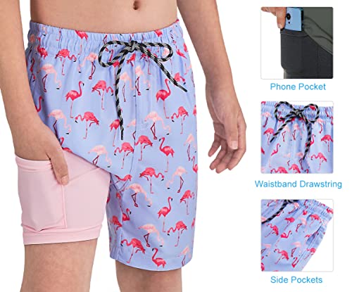 Image of Cozople Little Boys Flamingo Swim Trunks Quick Dry Beach Board Shorts Stretchy Compression Liner Swimming Shorts Toddler Bathing Suit with Boxer Brief Liner for Casual Homewear Size 3t