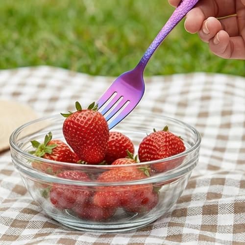Image of 6.7 inch Rainbow Hammered Salad Forks | Set of 5 Durable Stainless Steel Fruit Forks | Mirror Polished Silverware for Home, Restaurants, and Gift Giving
