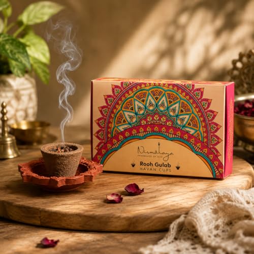 Image of Nirmalaya Premium Organic Rooh Gulab Havan Cups | Pack of 15 + Diya Stand | 25+ Natural Havan Samagri Blend of Flower Powder, Loban & Jatamansi | for Pooja, Meditation, Yoga and Aromatherapy