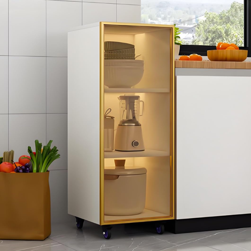 Carrello portaoggetti sottile con ante in vetro temperato, 3 ripiani, per cucina e bagno, con ruote, bianco e nero, 30 x 40 x 103 cm