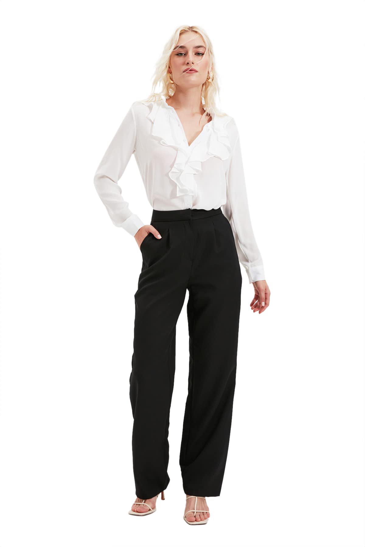 Trendyol Women High Waist Wide Leg Straight Trousers Black