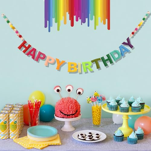 Image of Pre-Strung 3D Felt Happy Birthday Banner - Reusable Rainbow Happy birthday Decorations Sign,Handmade Wool Felt Ball Garland, Pom Pom Garland, Personalized Holiday Sign, Party Decor, Photo Prop