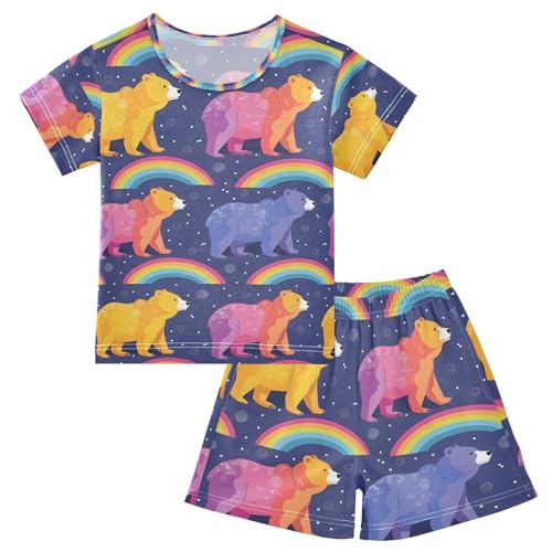 ALAZA Cartoon Bear Rainbow Pajamas Set Short Sleeve Cotton Sleepwear Summer Pjs 2 Piece 5-14Y