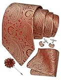 GUSLESON Mens Gold Red Tie Paisley Wedding Solid Silk Necktie Pocket Square Cufflinks and Lapel Pin Brooch Set (6103-10)