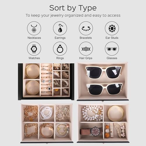 Dajasan Large Jewelry Box for Women, Jewelry Organizer Box with 3 Drawers, Jewelry Storage Organizer with Mirror for Necklace Ring Bracelet Watch, Gift Idea, 8.7 x 7.5 x 9.8 Inches (Black)3