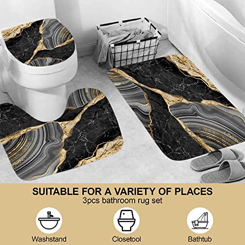 Beifivcl 4Pcs Marble Shower Curtain Sets, Bathroom Decor Sets, Luxury With 12 Hooks, Bath Mat, Toilet Lid Rug And Non-Slip U Shape Mat Accessories, 72 X 72 Inch, Black #TOP2