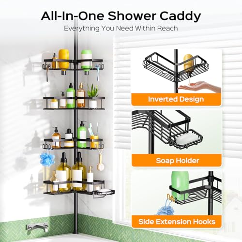 Image of HAMITOR Shower Caddy Tension Pole: Corner Bathroom Organizer for Renters | L-shaped 4-Tier Baskets with Soap Holder & Hooks for Small Space, No Drilling Adjustable Storage Rack for Family, 47-123inch