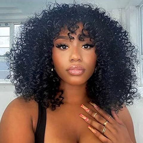 ISEE 180% Density Brazilian Kinky Curly Virgin Hair Wig with Bangs, 16 inch, Natural Black Cover