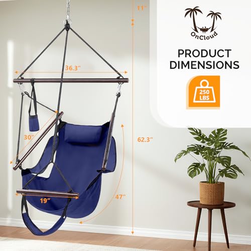 Image of ONCLOUD Sky Chair, Deluxe Hanging Hammock Air Chair Swing Seat with Pillow, Drink Holder, Solid Wood Weather Resistant for Indoor /Outdoor Yard Garden Tree Patio Porch, 250 LBS (Navy Blue)