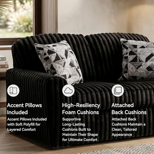 Image of Signature Design by Ashley Black Velvet Corduroy Loveseat, Midnight-Madness Sofa Couch, Quick and Easy Assembly, Engineered Wood and Wood Frame, Deep Seating, Onyx, 72-Inch