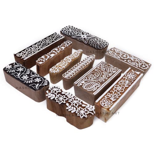 Image of Hashcart | Set of 10 | Multi Design Printing Blocks for Saree Border | Henna Mehndi Hand Printing | Stamps for Scrapbooking | Fabric Textile | Project Making | Art Craft