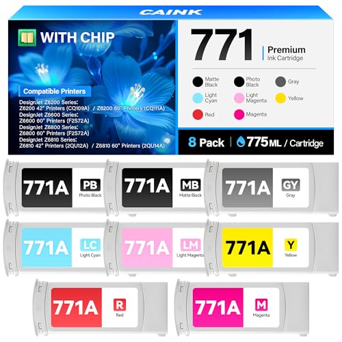 Image of 771 771A Ink Cartridges 775-ml Set 8-Pack High Yield Replacement for HP 771 771A Ink B6Y15A B6Y16A B6Y17A B6Y18A B6Y19A B6Y20A B6Y21A B6Y22A Compatible for HP DesignJet Z6200 Z6600 Z6800 Z6810 Printer