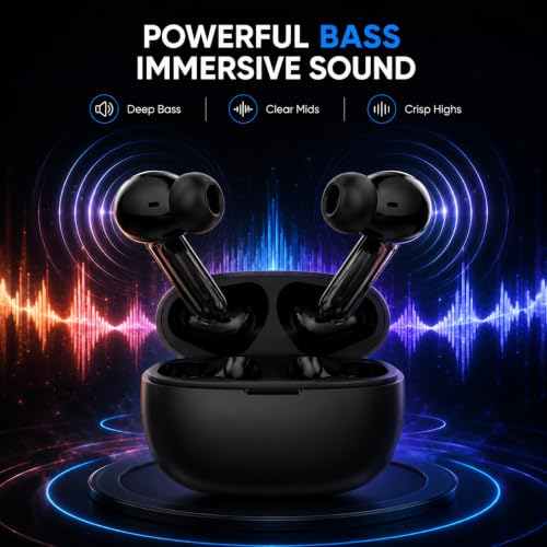 Image of BassOn TWS Wireless Bluetooth Earbuds v5.4 with 36H Playtime, Deep Bass, HD Mic, Touch Control, Type-C Charging, Voice Assistant Support, Android & iOS Compatible