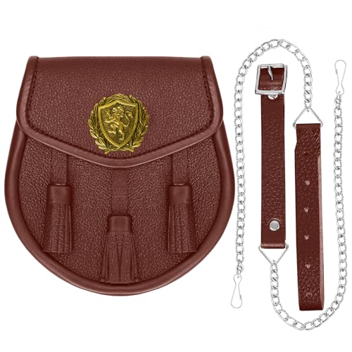Image of Scottish Original Leather Sporran with Leather Belt & Chain (Brown Leather Attique Big Rampant Lion Sporran)