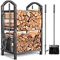 AMAGABELI GARDEN & HOME Firewood Rack with Tools 5-Piece Indoor Fireplace Wood Holders Outdoor Log Holder Rack Lumber Storage Stacking Stove Wrought Iron Large Logs Fireplace Tools Set Antique Silver