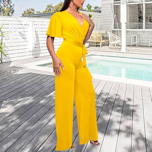 Image of PaladMom Womens Elegant Plus Size Jumpsuits Sexy Back zipper Short Sleeve Mid Waist Wide Leg Straight Rompers