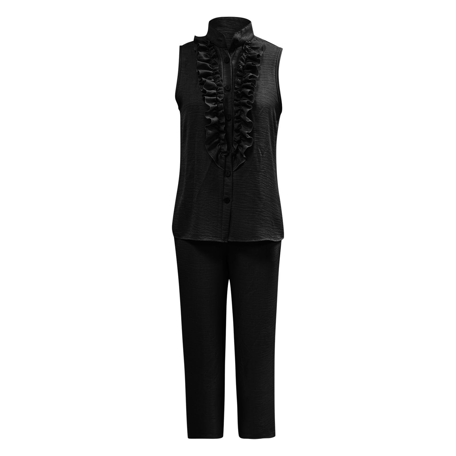 Combinaison d'été 2 pièces pour femme - Sans manches - Débardeur et pantalon large - En lin - Couleur unie - Avec poches - En coton