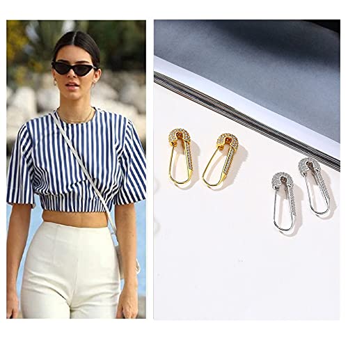 CZ Safety Pin Cartilage Sterling Silver Hoop Earrings for Women Girls Dainty Cubic Zirconia Dangle Drop Hypoallergenic Stud Post Crystal Huggie Fashion Hoops Jewelry 20mm Gold Tone4