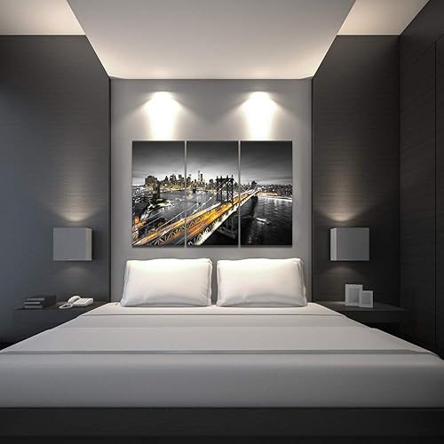 Miniatura 3 de 3 piezas de impresiones en lienzo con vista nocturna de Nueva York, imagen de paisaje urbano de Manhattan, arte de pared de puente de Brooklyn,