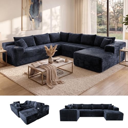 Image of Oversized Cloud Sectional Couches for Living Room, 122 inch U-Shaped 7 Seater Sofa Modular Boneless Couch with Chaise | Deep Seater | Cup Holder | Side Pocket | No-Assembly | Plus Corduroy, Dark Gray