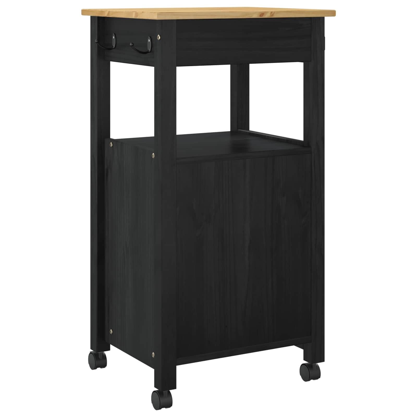 Wózek kuchenny z litego drewna sosnowego, czarny, 48 x 40 x 88,5 cm, z kółkami obrotowymi 360°, szufladą i półką, nowoczesny organizer na przybory kuchenne, łatwy montaż
