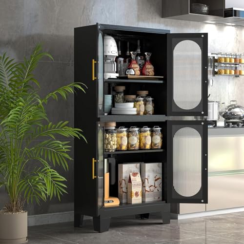 Image of GAIOUS Black Kitchen Pantry Cabinet, Pantry Storage Cabinet with Acrylic Glass Doors and Adjustable Shelves, Tall Versatile Storage for Kitchen, Dining Room, Home Office and Bedroom