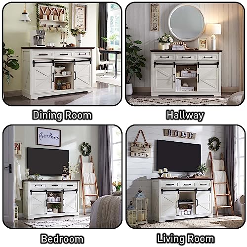 Rustic Farmhouse Buffet Cabinet, 53 with Sliding Barn Door, White
