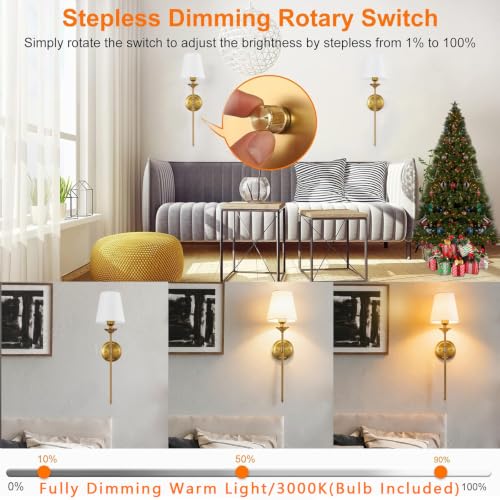 Image of Gold Wall Sconces Set of 2 Hardwired Dimmable Beside Wall Lamp with Switch Fabric Shade Bathroom Wall Light for Bedroom Living Room