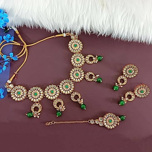 Efulgenz Indian Jewelry Set Kundan Crystal Choker Necklace Dangle Earrings Maang Tikka Head Chain Bollywood Wedding Jewelry for Women2
