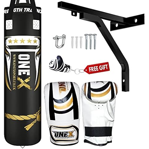 Punch Bag Filled 4FT Punch Bag Set, Maya Hide Leather Heavy Punching Bag with Gloves Wall Bracket Hanging Straps etc. Boxing MMA Kickboxing Adult Fitness Gym Home Cover