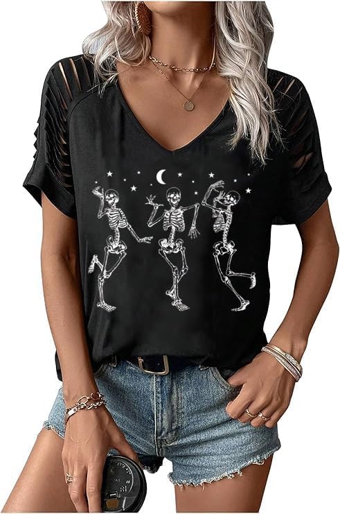 Womens Fall Halloween Thanksgiving V Neck Shirt Vintage Short Sleeve Western Shirts Cut Out Cold Shoulder T Shirts