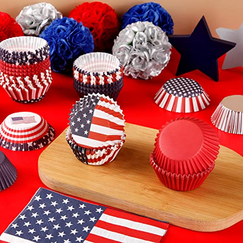 ​Quera 550Pcs Patriotic Cupcake Liners America Flag Silver Foil Paper Patterned Cupcake Liners Stars And Stripes Bake Cup Set 4Th Of July Birthday Cupcake Decorations,Red/White/Blue​ #TOP1