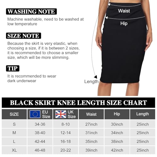 Schwarzer Rock, Knielang, hohe Taille, dehnbarer Bleistiftrock, Midirock für Damen, Enger, schwarzer Bleistiftrock, Büro, Damen, Damenröcke (DE/NL/SE/PL, Alphanumerisch, L, Regular, Regular, Schwarz)