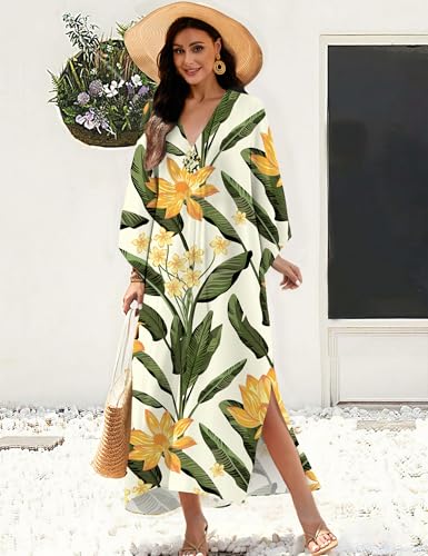 Image of MAKABO Kaftan Dresses for Women, V Neck Moo Moos Colorful Print Cover Ups Caftan Beach Dresses for Swimwear