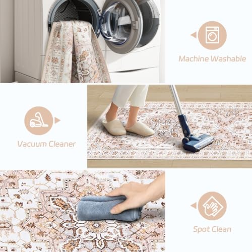 Madane Runner Rug 2'6''x8' Kitchen Runner, Hallway Runner Printed Vintage Washable Rugs Soft Non-Slip Low Pile Runners for Hallways Laundry Room Rug Distressed Rug, Pink