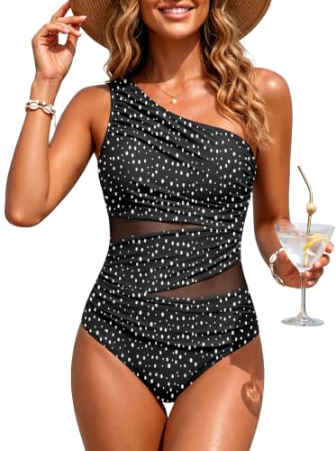Image of Womens One Shoulder One Piece Swimsuit Mesh Ruched Tummy Control Swimwear | Full Coverage Bottom, Adjustable Strap Custom Fit, Removable Cups, Cutout Mesh Inserts, Slimming Ruched Effect, Vacation