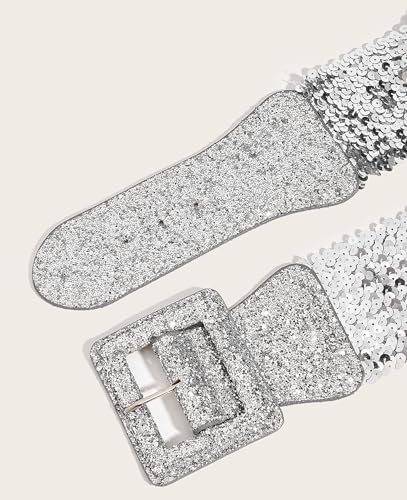 VASTLUCKY Women Elastic Wide Waist Belt for Dresses Glitters Cinch Corset Belt Stretchy Waistband Chunky Square Buckle Belts4