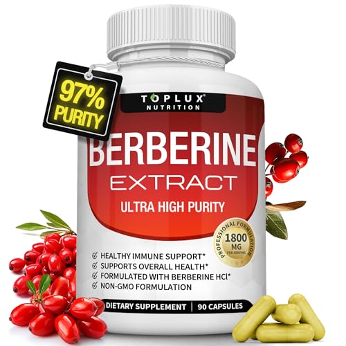 Toplux Berberine Supplement 1800mg - Berberine HCL 97% Tested Ultra High Purity Premium Berberine Extract to Support Overall Health, High Potency Berberine Plus Non-GMO Vegan Men Women, 90 Capsules