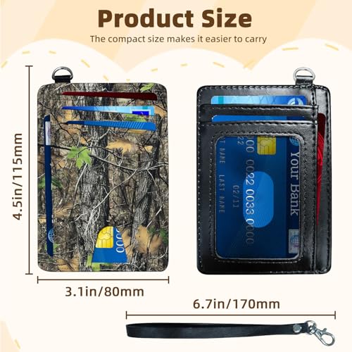 Ultra-Thin Front Pocket Wallet with Wrist Strap, RFID Blocking Security Pockets for Business Card Holder, PU Leather Secure Multi-slot Card Pocket, Camo Tree3