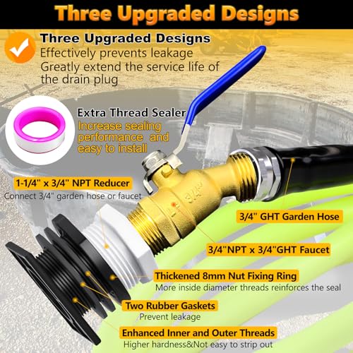 Image of Stock Tank Drain Plug Kit Include 10FT 3 4 inch Garden Hose Pipe Reducer Hex Bushing & Brass Faucet Fit for rubbermaid Commercial 50 70 100 150 300 Gallon Stock Tanks Five Years Free Replacement