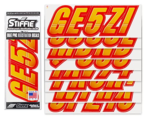 Image of STIFFIE Techtron Yellow /Red 3 inch Boat & PWC Registration Decals • Numbers Letters Stickers
