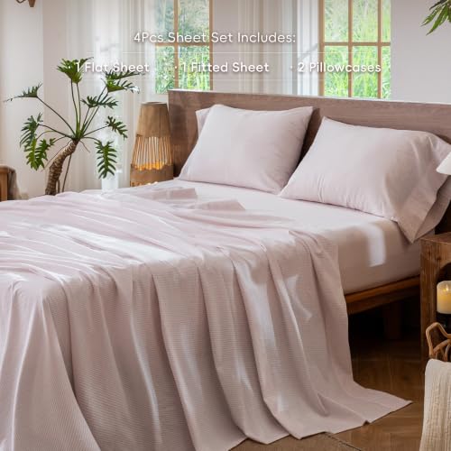 Image of MooMee Striped Sheet Set 100% Washed Cotton Linen Like Queen | Relaxed Linen-like Texture. Soft, Breathable & Lightweight Comfort. 15-19 inch Extra Deep Pocket with All-around Elastic