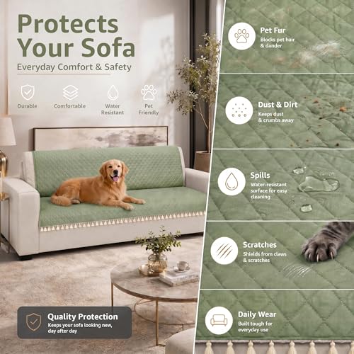 Image of Lukzer Quilted Sofa Cover Mat with Tassels for 3 Seater Sofa - Mint Green | Soft Washable Anti-Slip Protector for Living Room | Furniture Cover for Back-Seat Slipcover 180X150CM / SC-199-3T