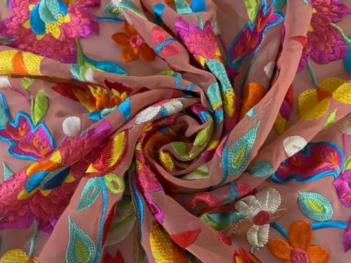 Tissu Georgette broderie florale multicolore pêche au mètre pour couture et loisirs créatifs