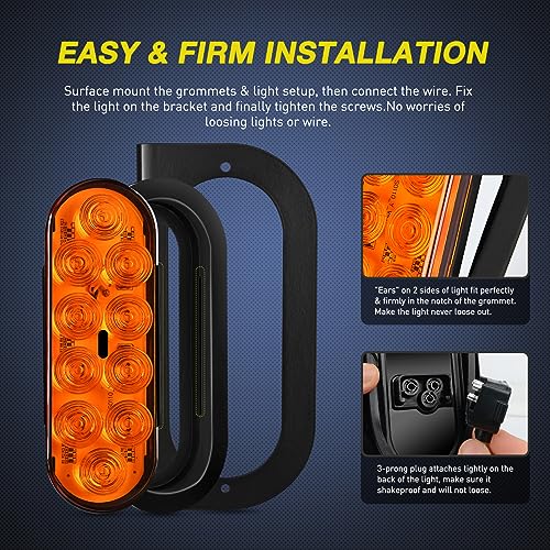 Image of Nilight 6Inch Oval Trailer Tail Light with Flush Mount Grommets Plugs w /Mounting Brackets 2PCS Amber Waterproof Turn Signals Lights for RV Truck