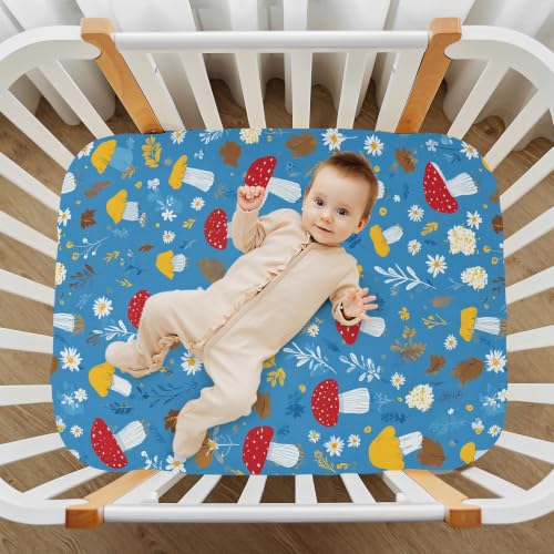 Image of Crib Sheet Breathable Soft Crib Mattress Sheet for Baby Toddler Boys Girls Fitted Pack n Play Crib Sheet Fit Standard Crib Mattress 52 x 28 Inch Blue Mushroom Daisy Leaf