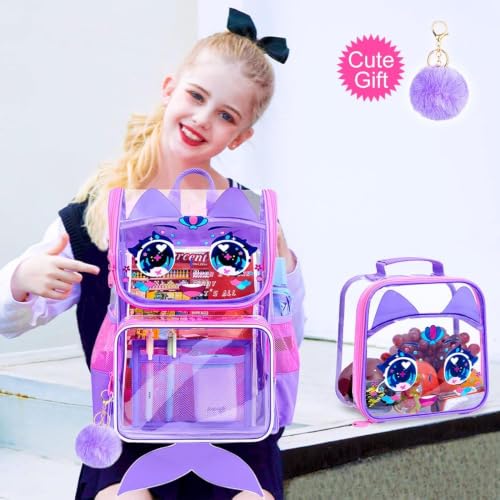 KLFVB 3PCS Girls Clear Bookbag, 15" Mermaid Transparent Backpack for Elementary School, See Through School Bag with Lunch Box - Enchanting Purple Mermaid by KLFVB - Used condition - Image 7