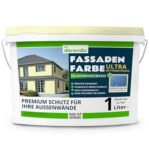 derendo Silikonharz Fassadenfarbe Gelb ULTRA Wetterschutz Buttergelb 1l aussen Fassade Silikonharzfarbe mit Abperleffekt Lotus Blatt Fassadenschutz Schmutzabweisende Silikonharzbeschichtung