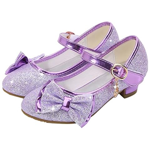Toddler Little Girls Heel Mary Janes Glitter Princess Shoes Sweet Bowknot Ankle Strap Round Toe Pumps Comfort Party Dress Shoes for Little/Big Kid Purple Cover