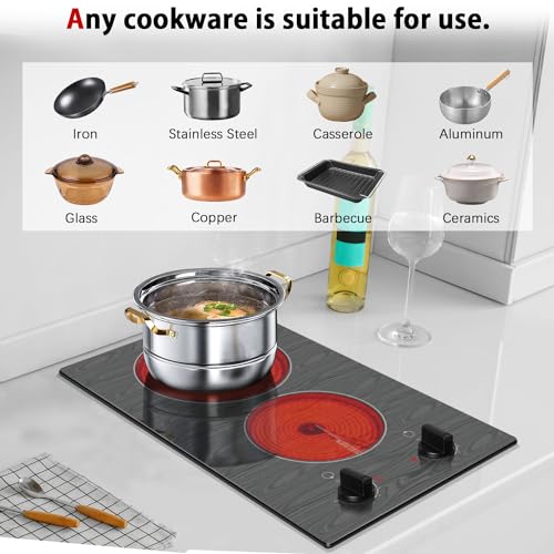 Image of Karinear Electric Cooktop 2 Burners, 110v Portable Electri Stove Top | Knob Control Glass Cooktop, Beautiful Woodgrain Pattern, Built-in Countertop Radiant Ceramic Cooktops, 12 Inch